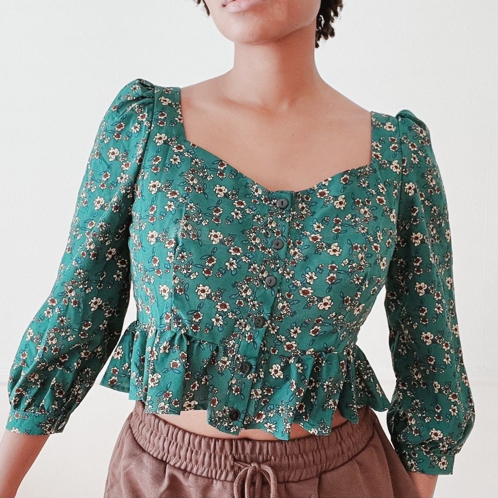 green floral peplum peasant top